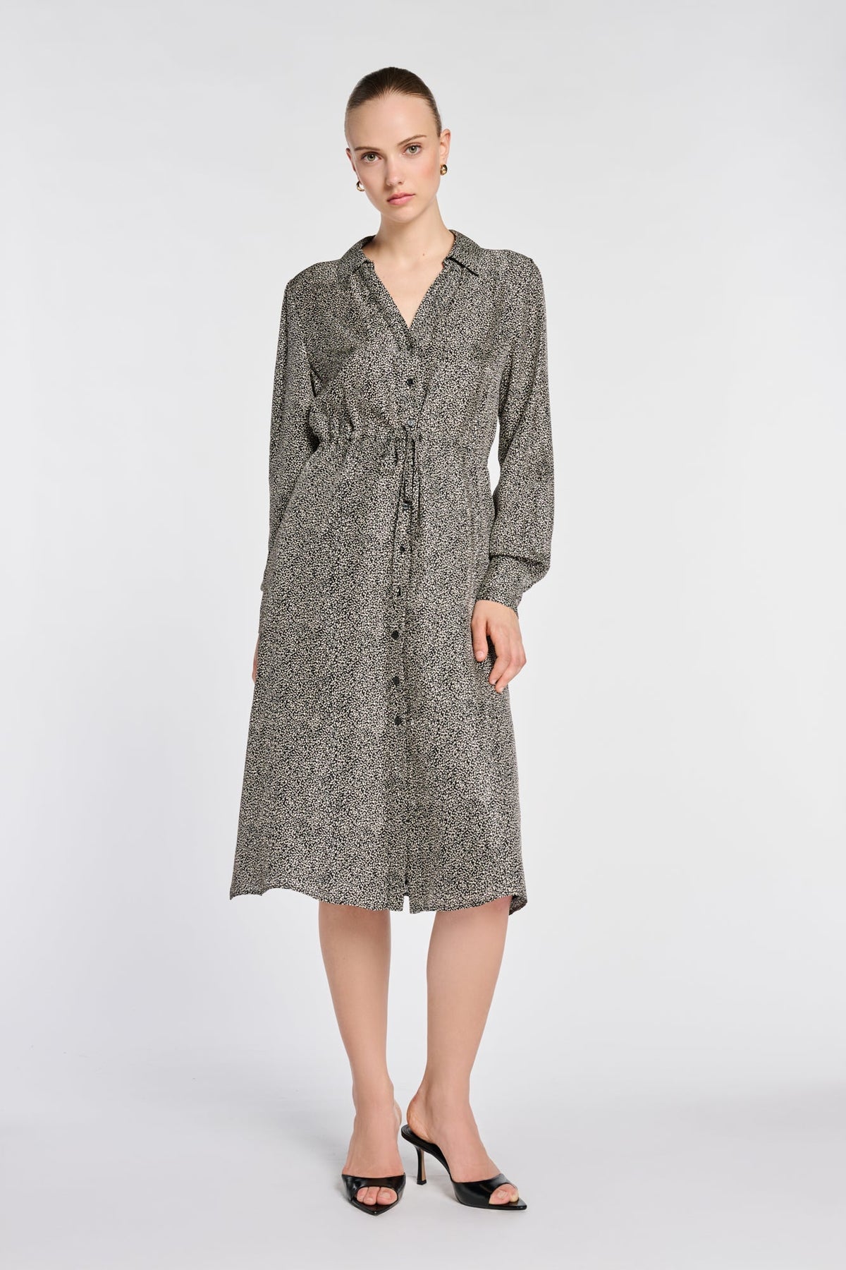 WEILL black and ivory micro leopard midi shirt dress with long sleeves and a front drawstring