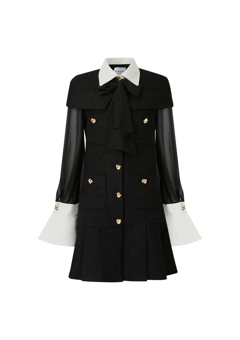 Black Pleated Dress with Contrast Collar & Cuffs