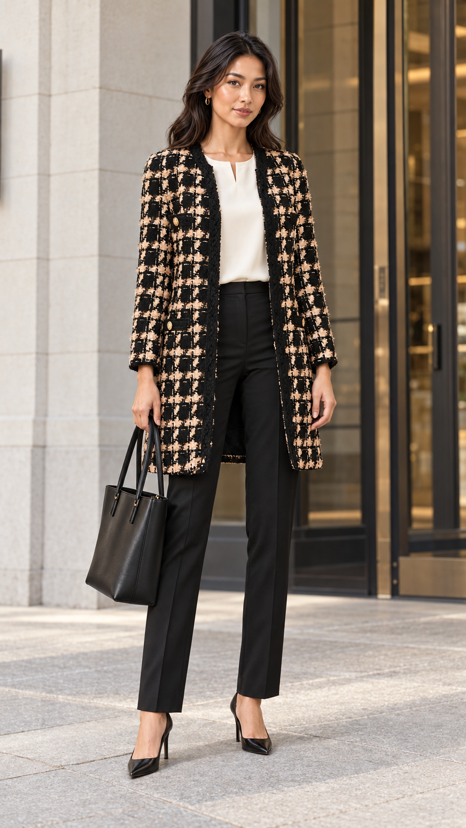 Long black and beige tweed jacket with an ivory blouse, black tailored trousers, pointed pumps and a black tote.