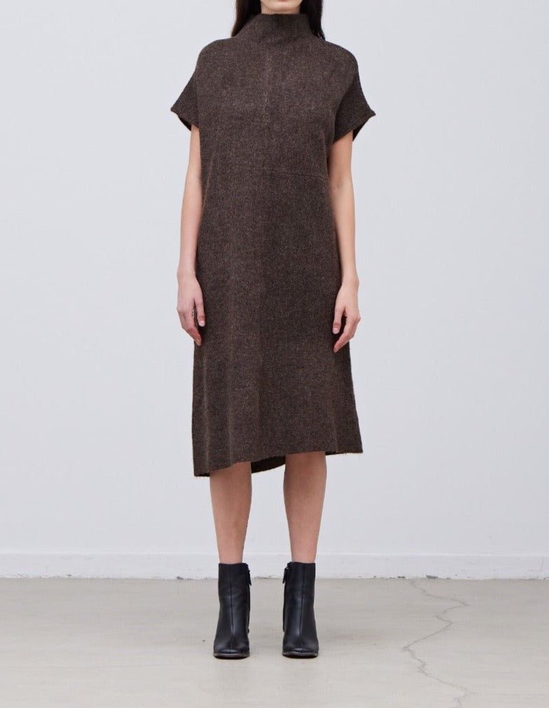 Dark umber sweater midi dress with black ankle boots for a casual Friendsgiving dinner