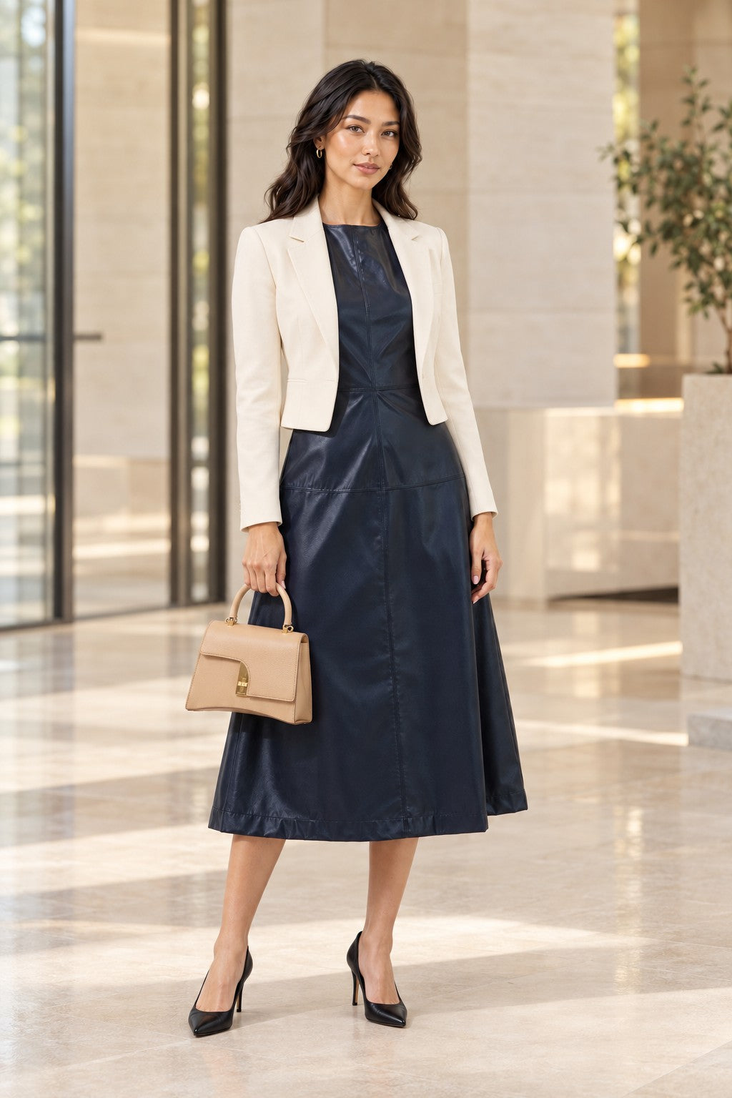 Strella navy faux leather midi dress styled with an ivory tailored jacket, black pumps and a beige handbag