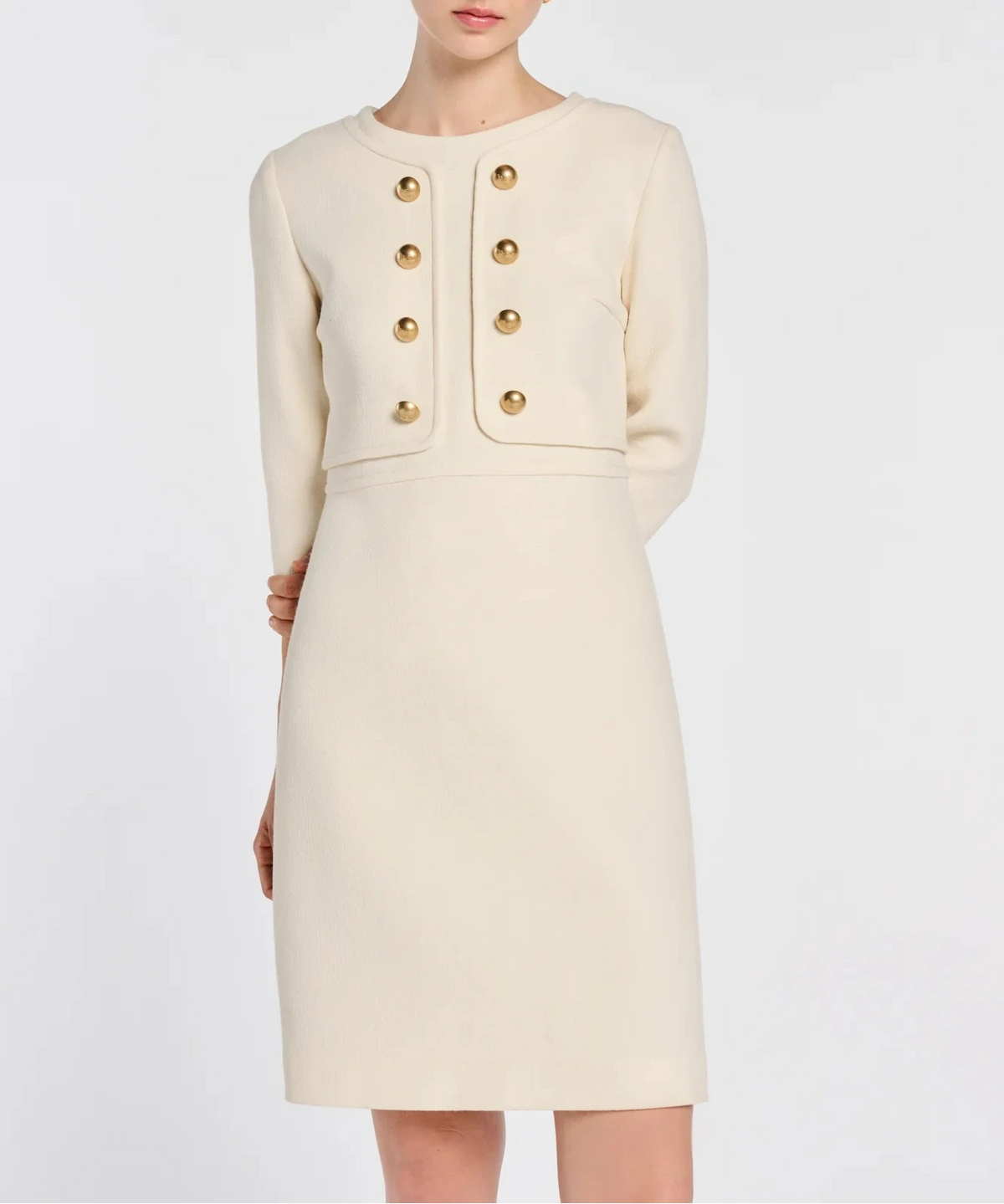 Ivory Weill illusion dress showing tailored front panels and straight skirt