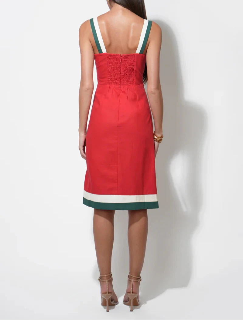 Red midi dress with Birds of Paradise print, featuring a flowy skirt, by Adelyn Rae