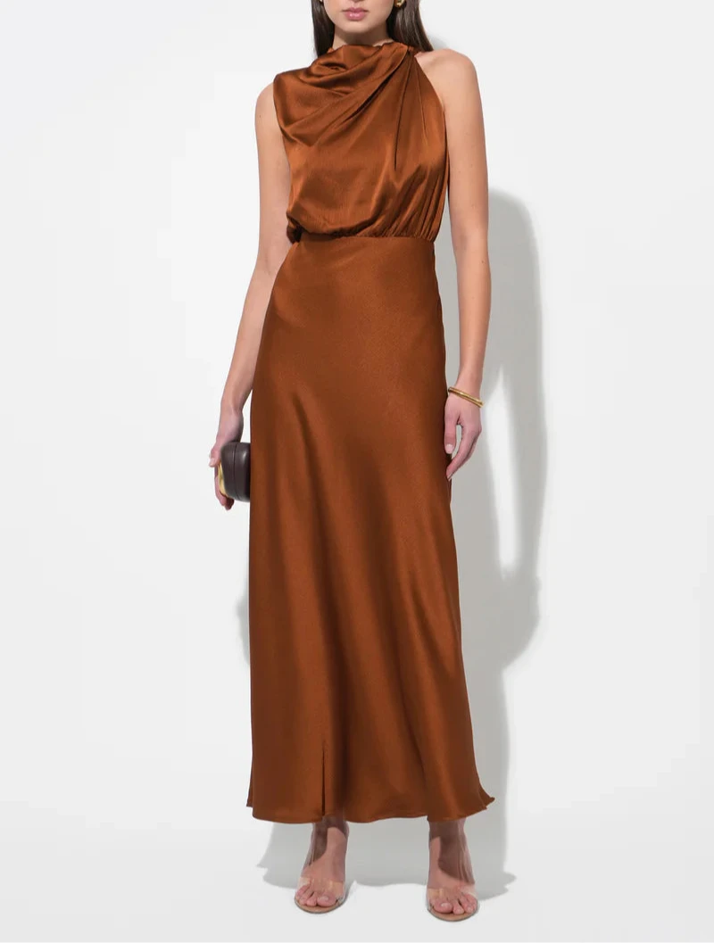 Rust copper satin one-shoulder cowl-drape asymmetrical maxi dress with blouson bodice and bias-cut skirt