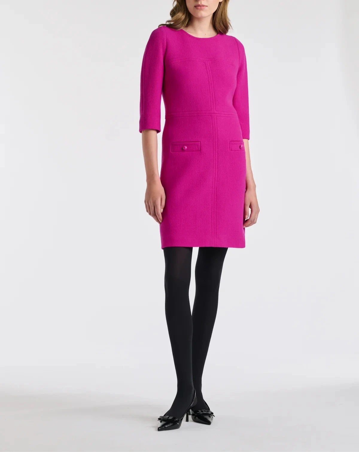 Weill Paris pink wool crepe shift dress with topstitching and knee-length hem