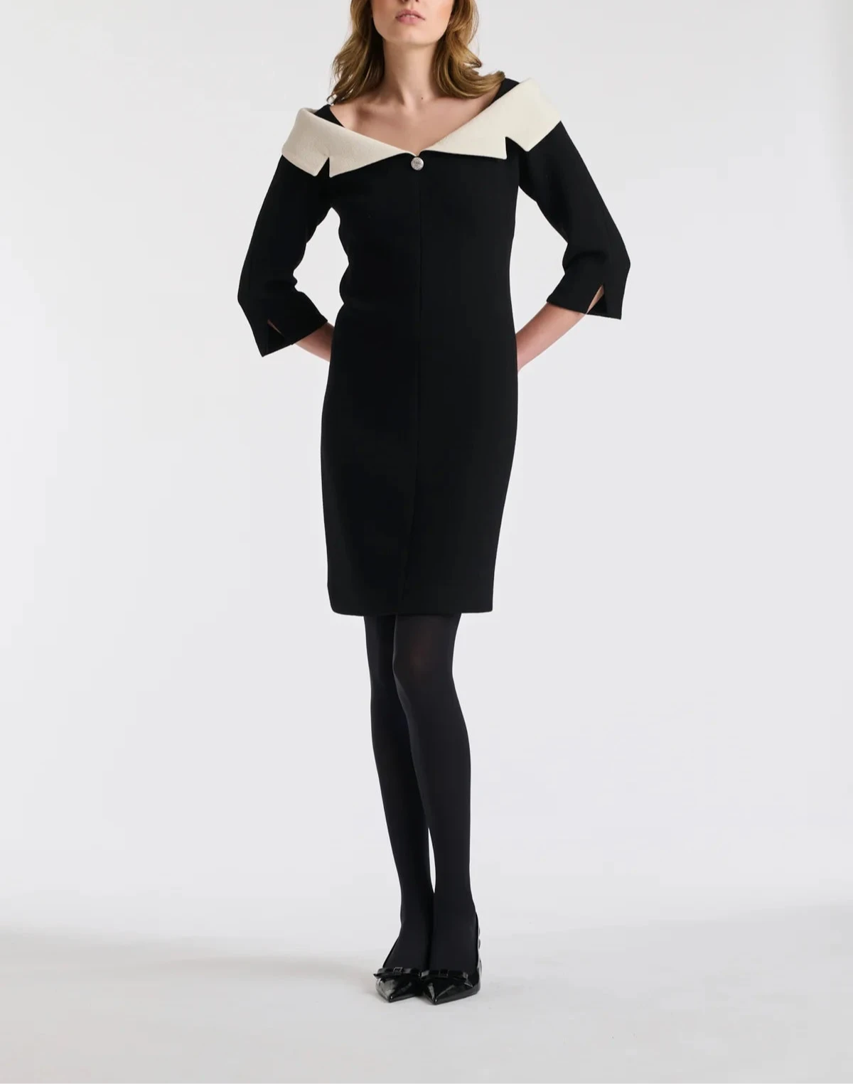 Classic knee-length Bardot dress with three-quarter sleeves by Weill Paris.