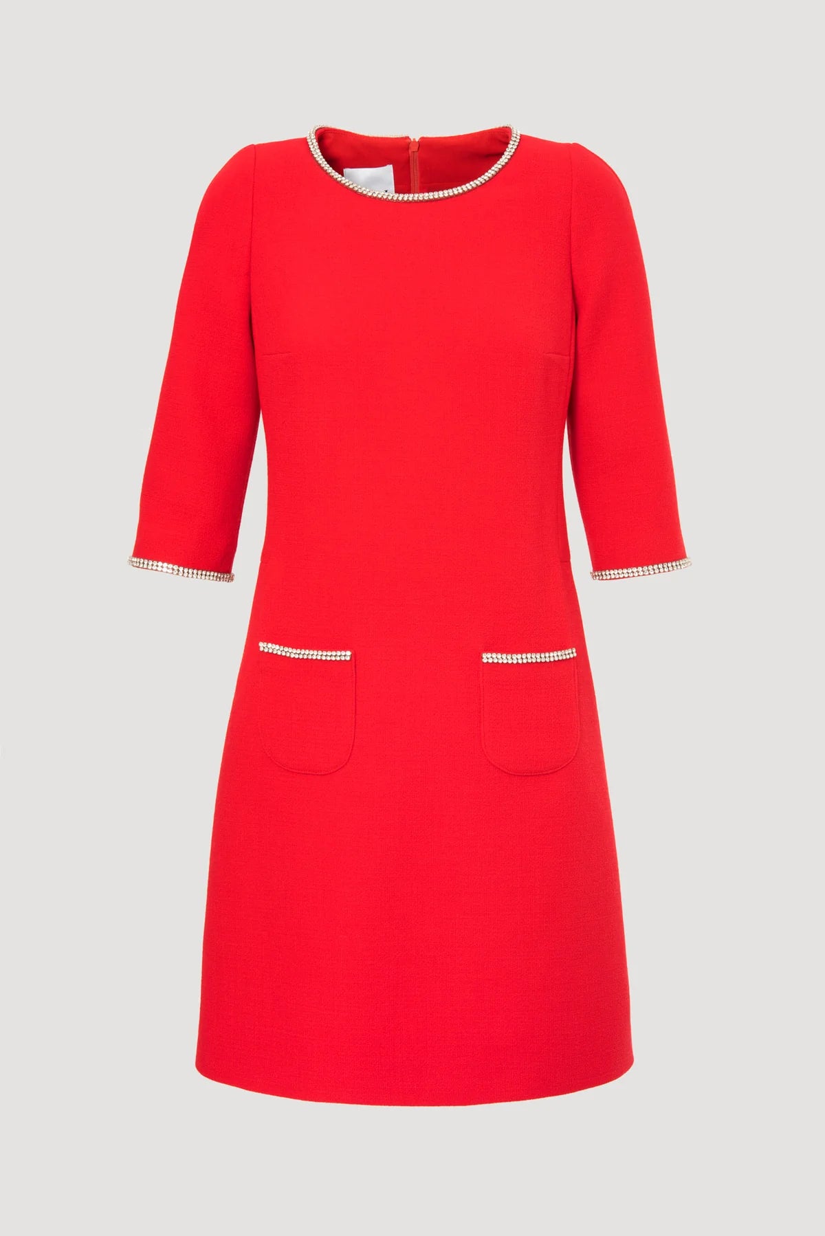 Crimson red wool crepe shift dress with rhinestone trim by Weill Paris