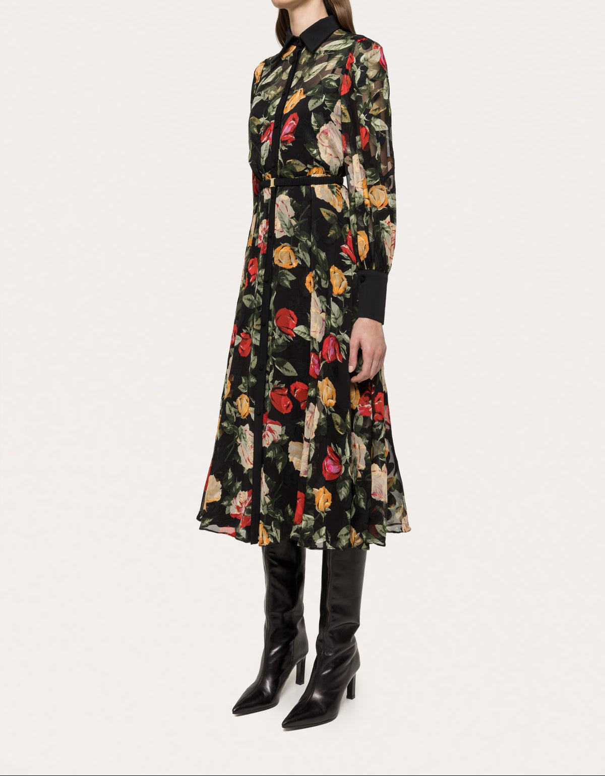 Floral belted chiffon midi dress in black with long sleeves and a cinched waist by NISSA.