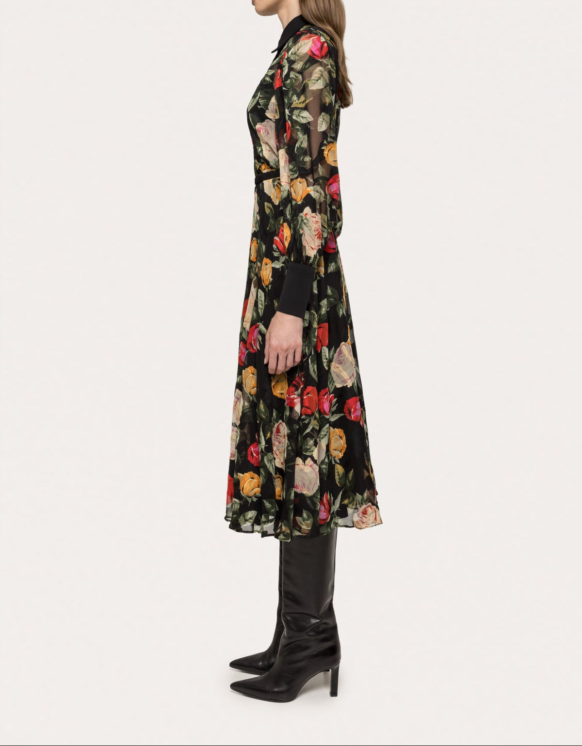 NISSA belted black floral chiffon midi dress with bishop sleeves for all-season work and events”