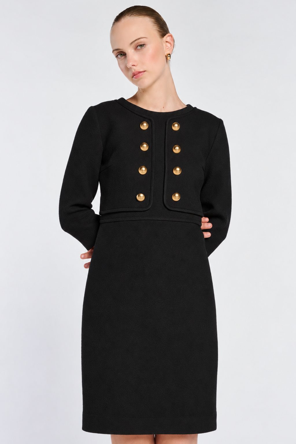 Weill Paris black shift dress with a cropped-jacket effect, styled with ivory slingback heels