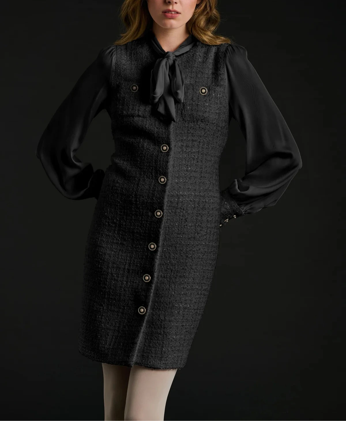 Black Weill Paris tweed dress with silk pussy-bow neckline and sheer long sleeves, elegant romantic classic sheath design.