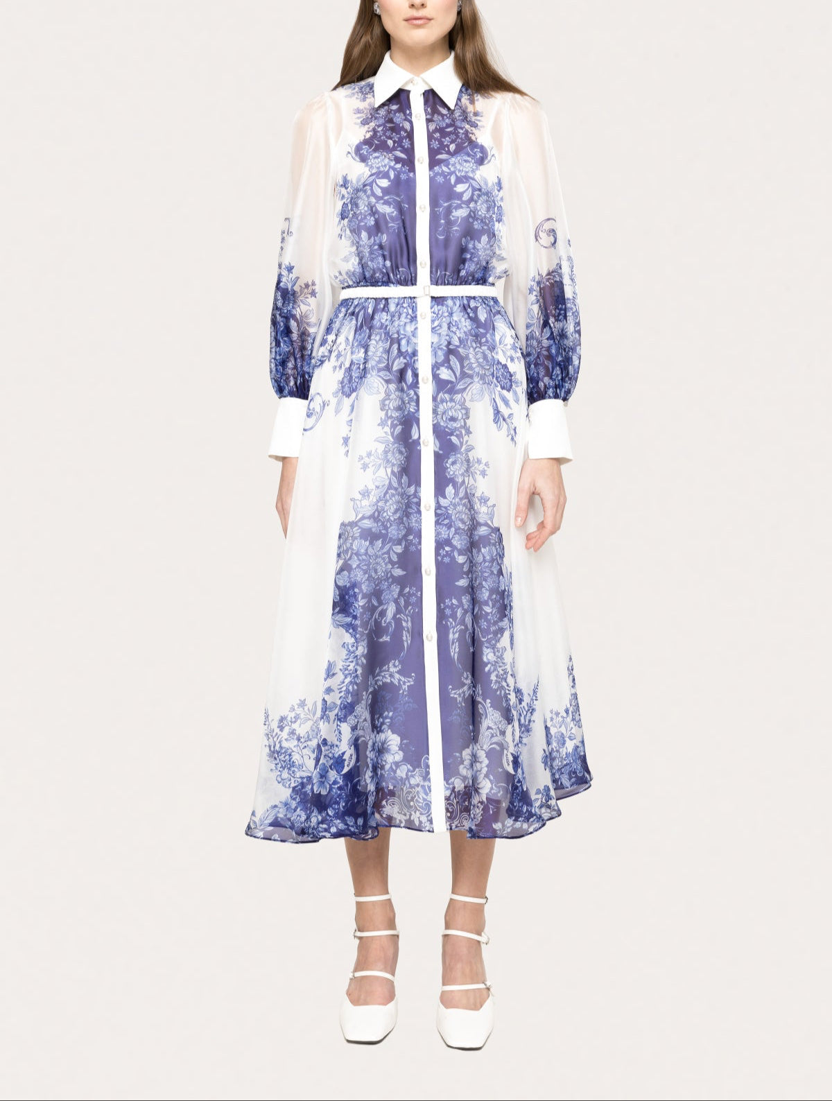 Nissa Blue Floral Print Collar Shirt Dress – A long-sleeve sheer midi dress with a white pointed collar, button-down front, belted waist, and blue floral print on a flowy silhouette.