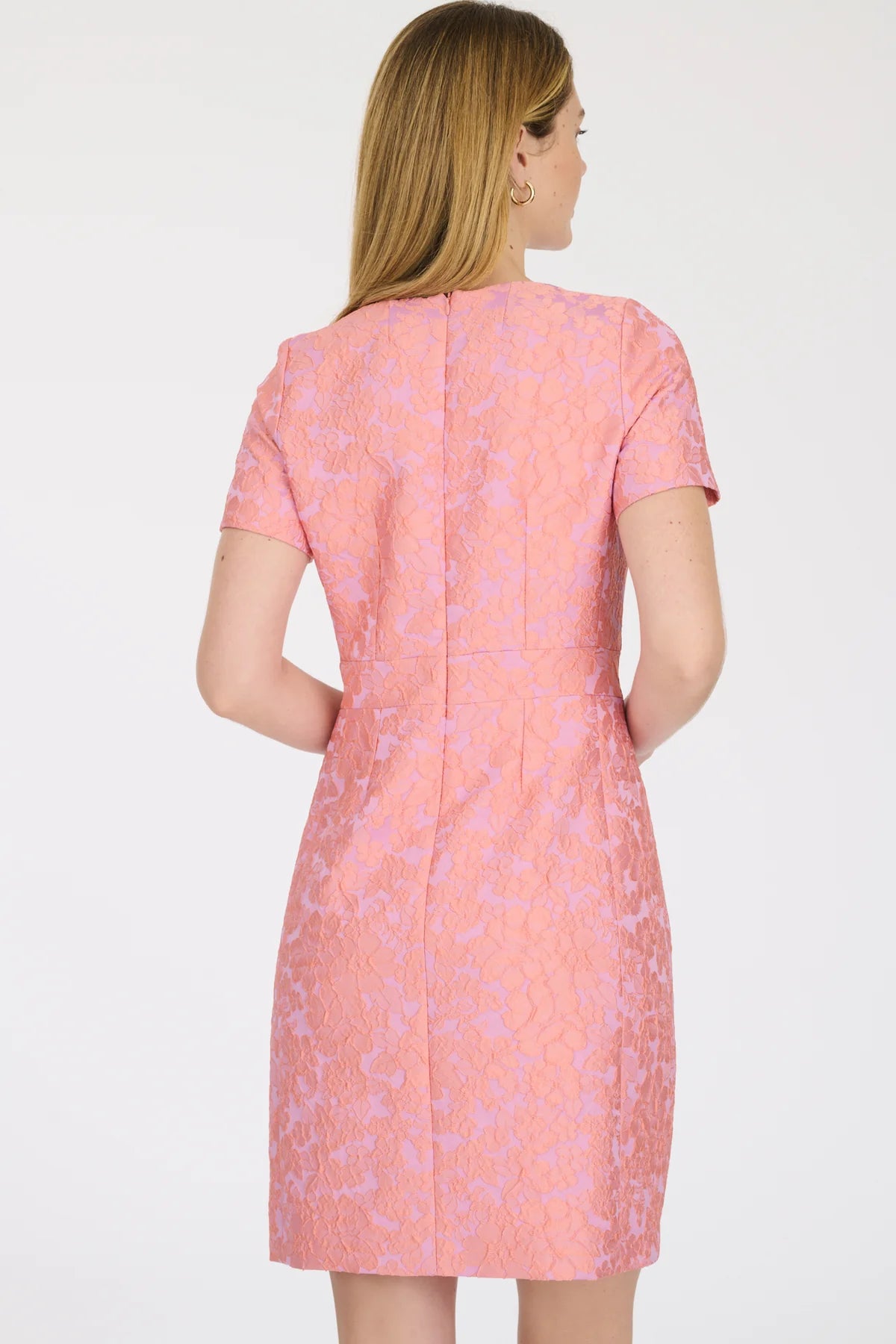 Back view of Weill Paris floral lace jacquard dress with fitted waist and hidden zip