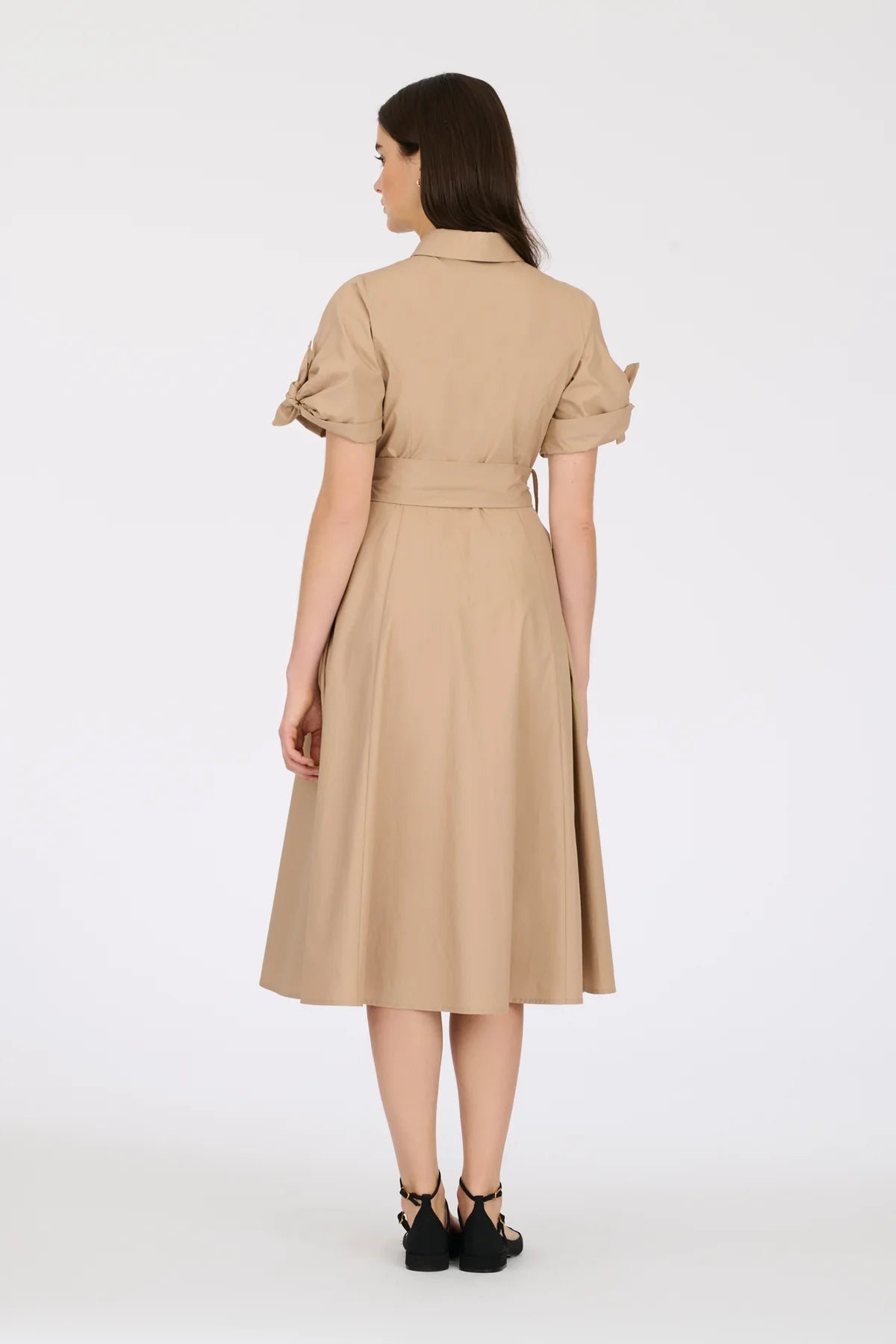 Classic beige midi dress with collar, waist tie, and button details – workwear and casual style