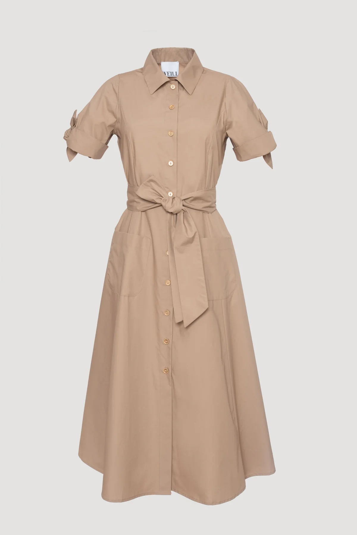 Neutral sand beige belted shirt dress with short tie sleeves and button-down front – midi length