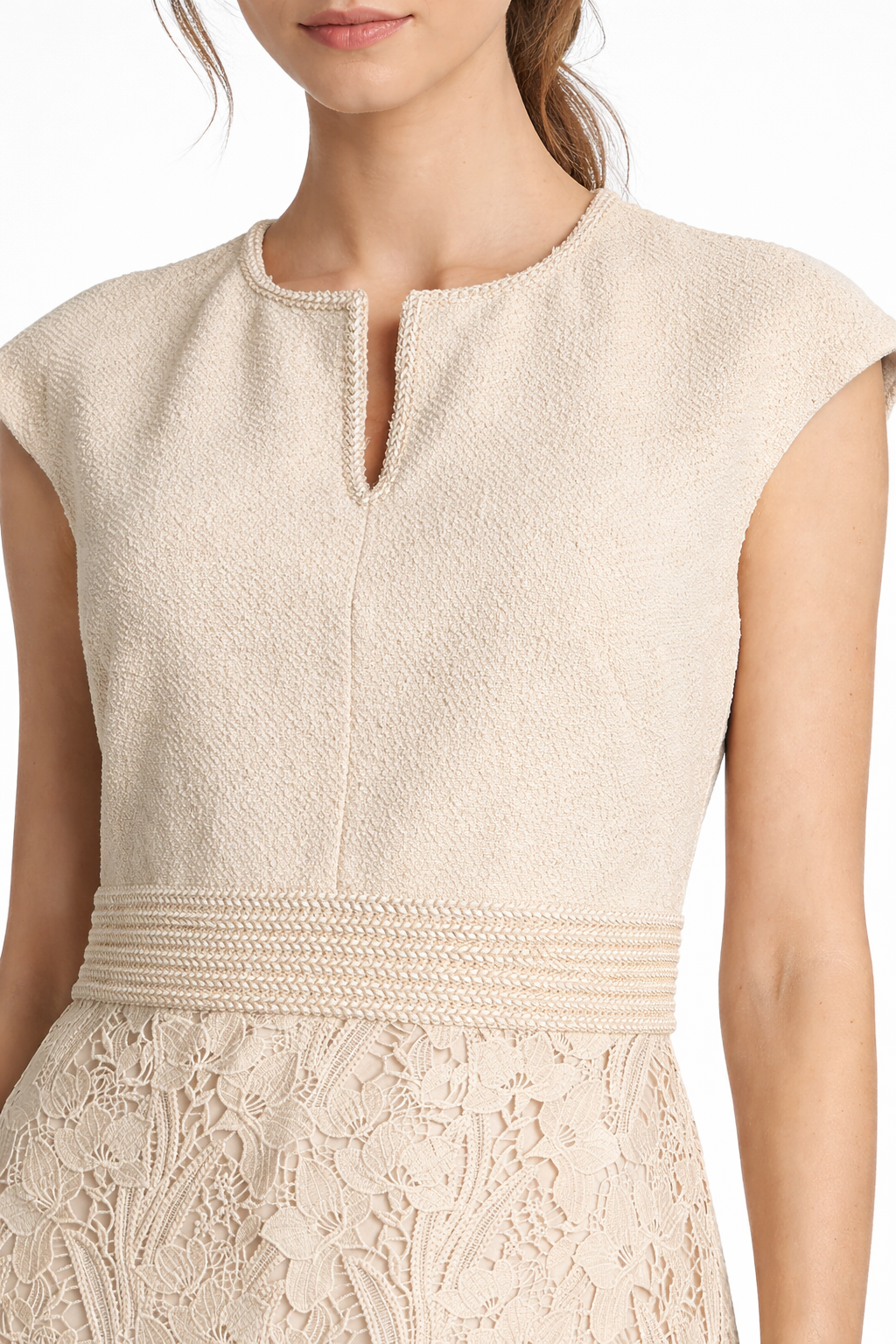 braided waist detail cream lace midi dress close up