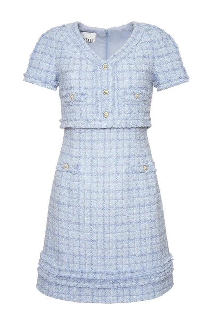 Riviera blue tweed dress with pearl buttons and short puff sleeves
