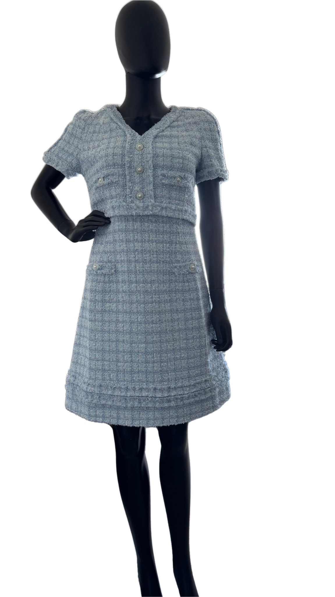 Weill Paris blue tweed A-line dress with faux two-piece bodice