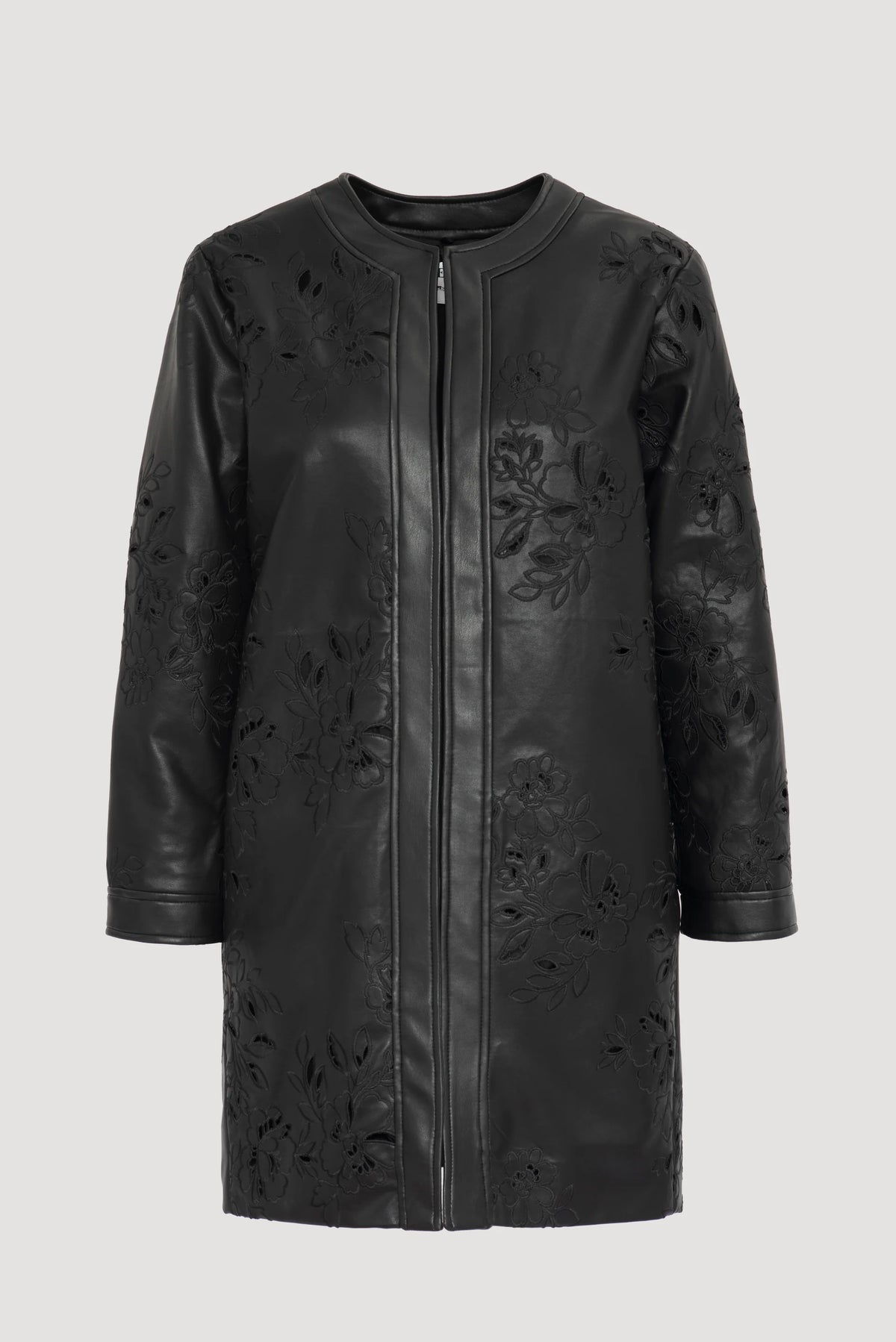 Weill Paris black embroidered faux leather coat with a round collarless neckline, long sleeves and a straight hem.
