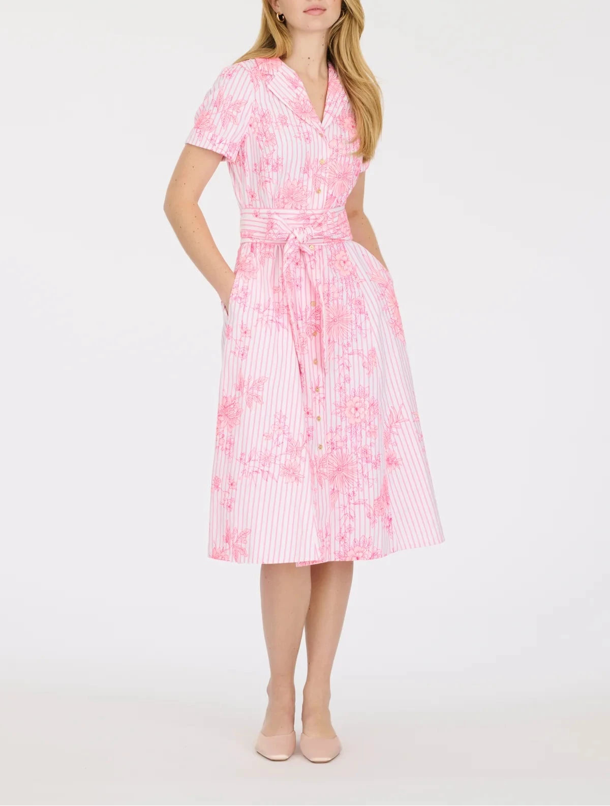Pink Embroidered Shirt Midi Dress