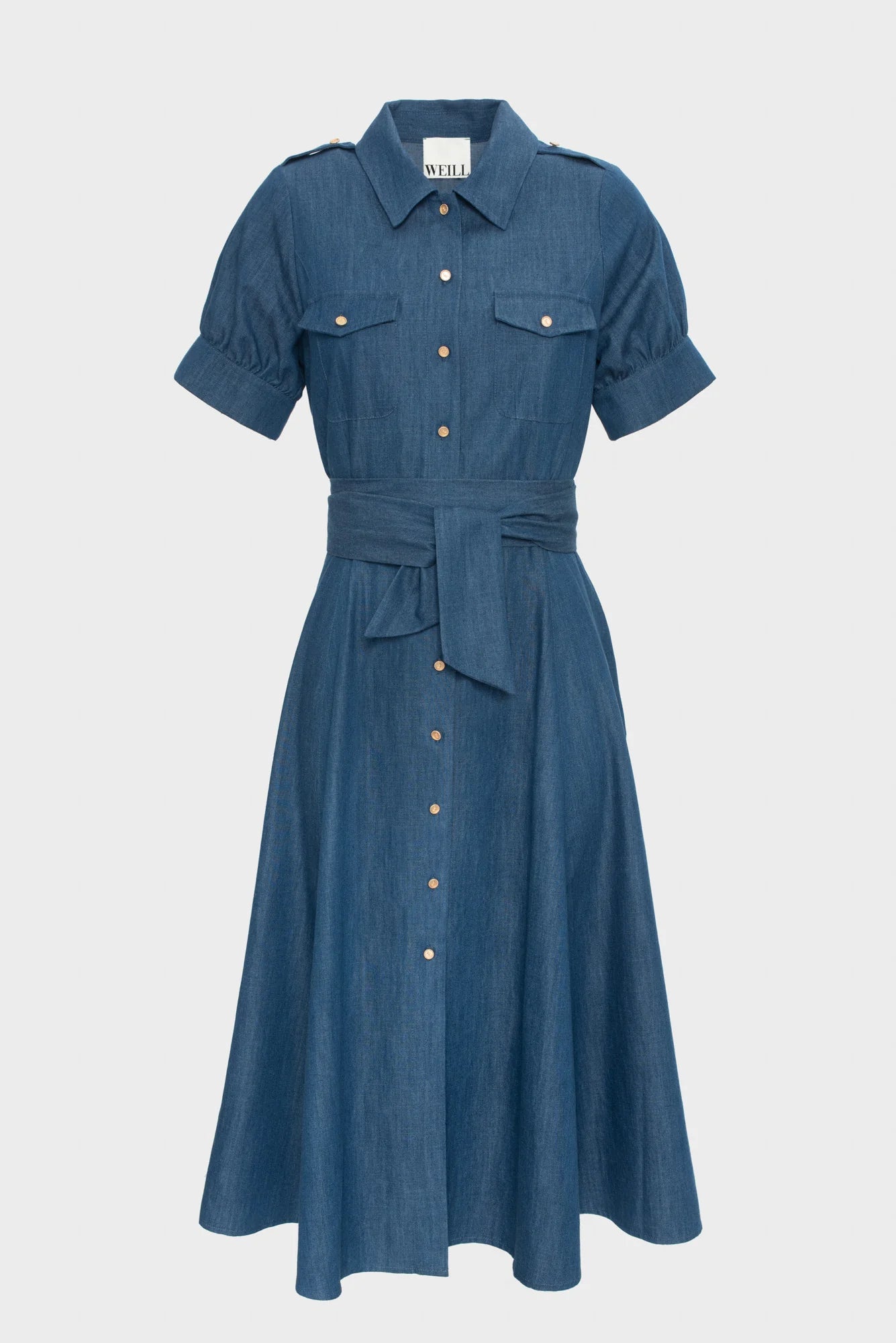 Blue denim belted shirt midi dress with cuffed short sleeves and gold buttons