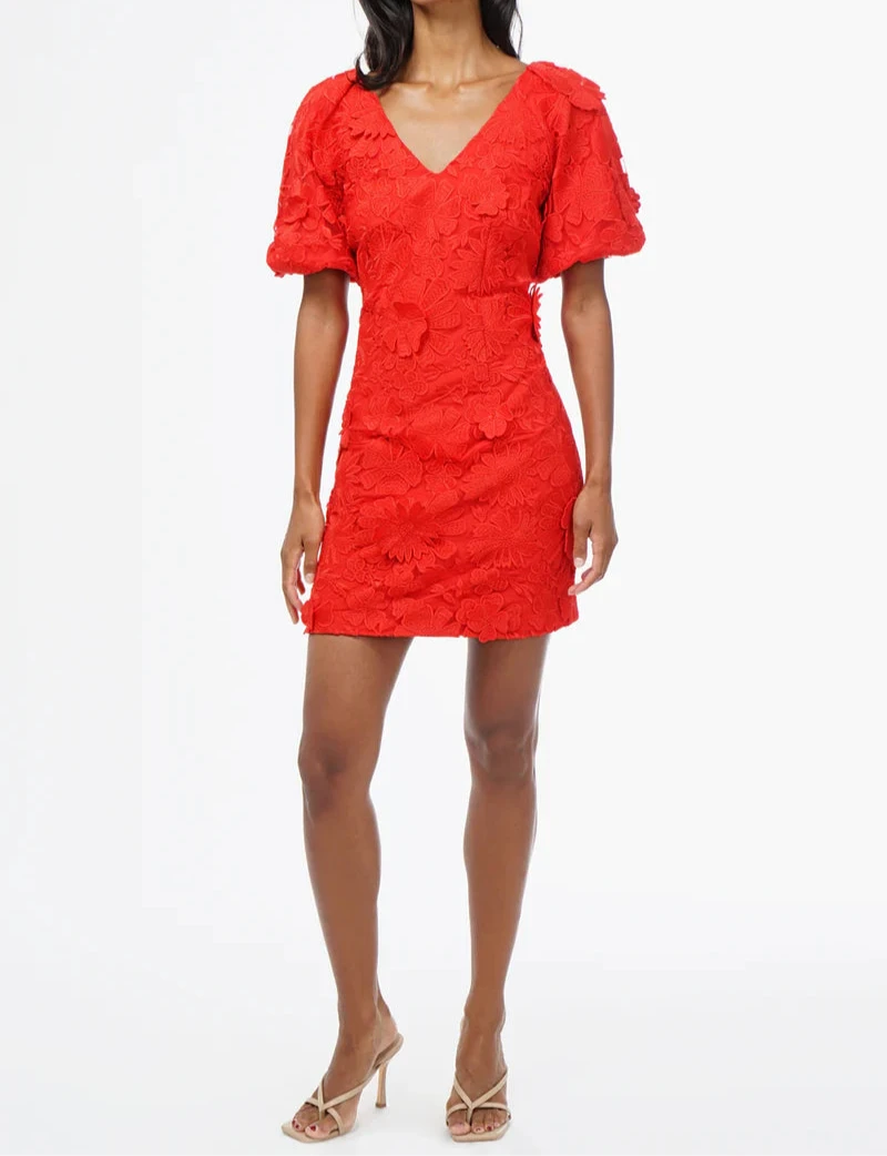 Front view of Hustina mini dress in red 3D floral lace with puff sleeves, V-neckline, and scalloped hem – Adelyn Rae