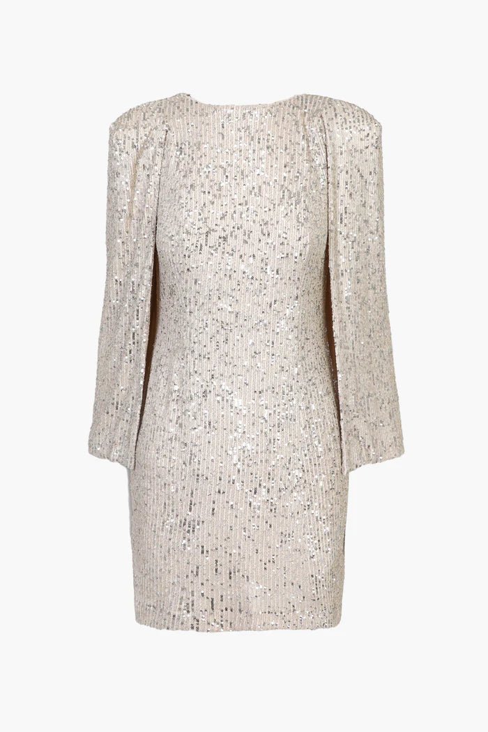 Front flat of champagne sequin mini dress with crew neckline, bodycon fit and dramatic slit cape sleeves