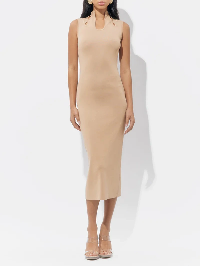 Nude knit midi dress with sculpted cut-out design by Adelyn Rae, available in sizes XS, S, and M.