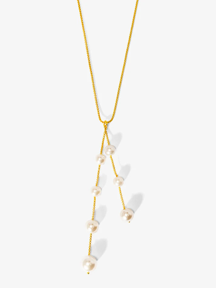 pearl lariat collar necklace gold chain with faux pearl drop modern pearl jewelry