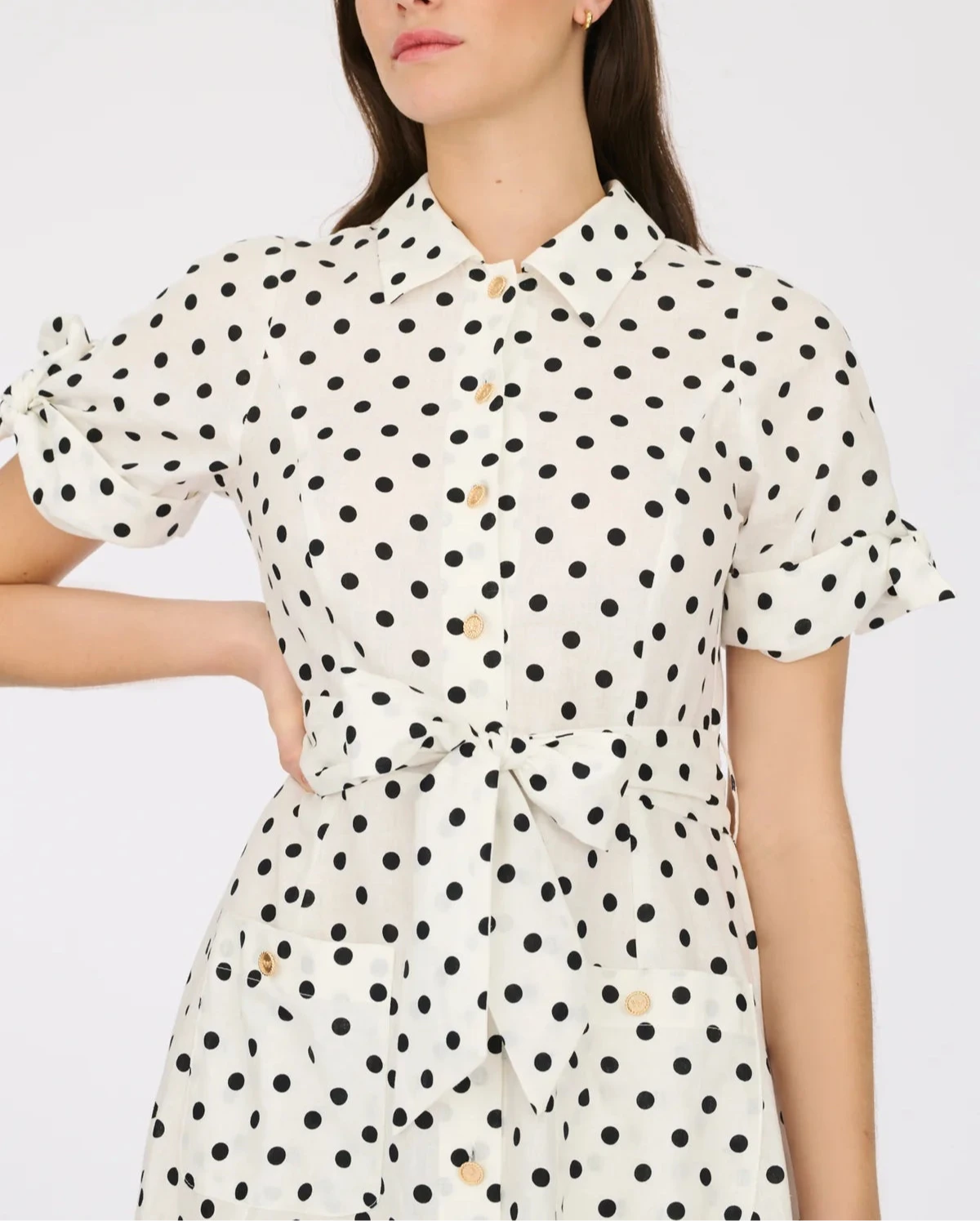 White polka dot midi shirt dress with tie sleeves by WEILL