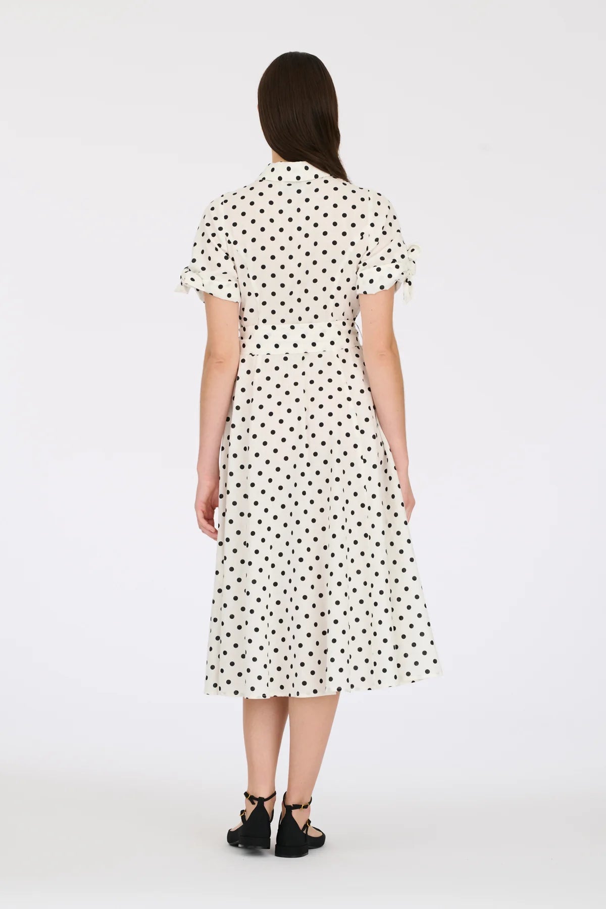 White polka dot midi shirt dress with tie sleeves by WEILL