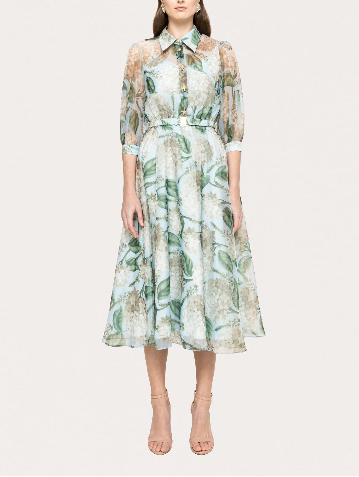 Floral organza midi dress with 3/4 sheer sleeves, defined waist belt and A-line skirt in sage green hydrangea print – elegant wedding guest dress