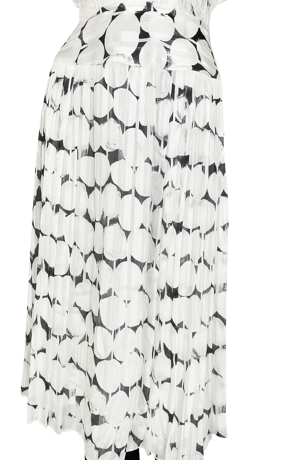 Textured chiffon fabric detail of black and white abstract print midi dress.