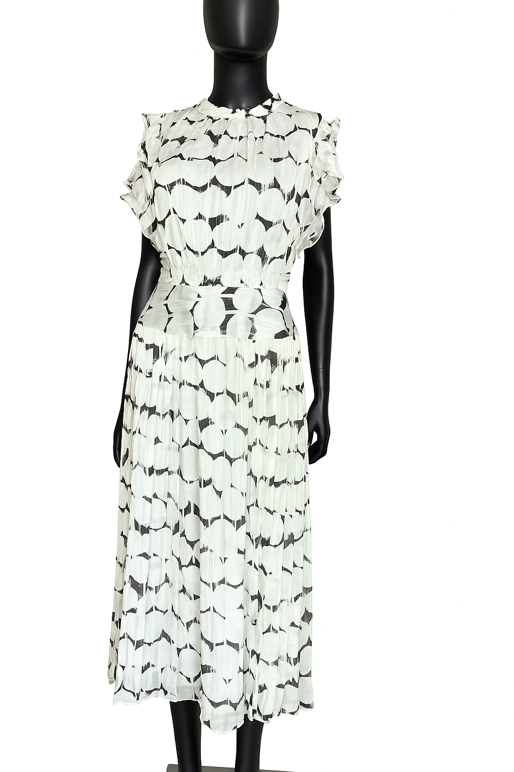 Black and white abstract chiffon midi dress with elastic waist and flutter sleeves by Nora Noh, front view on mannequin.