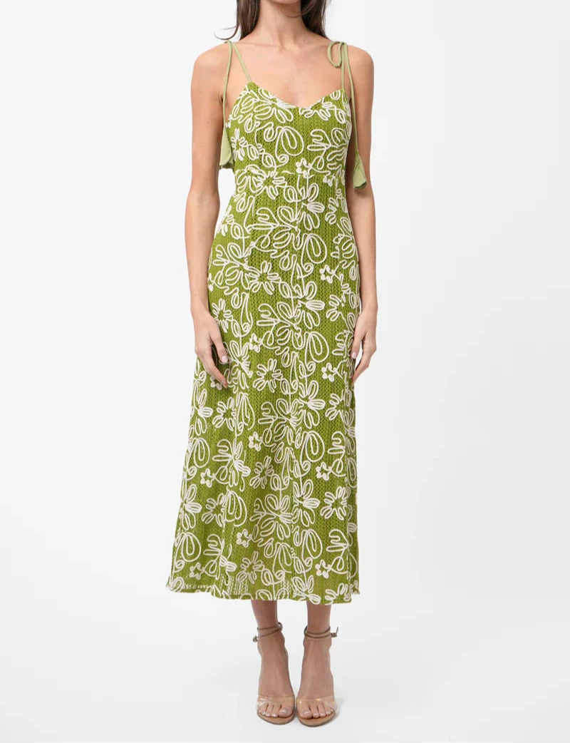 Green floral tie shoulder midi dress front view