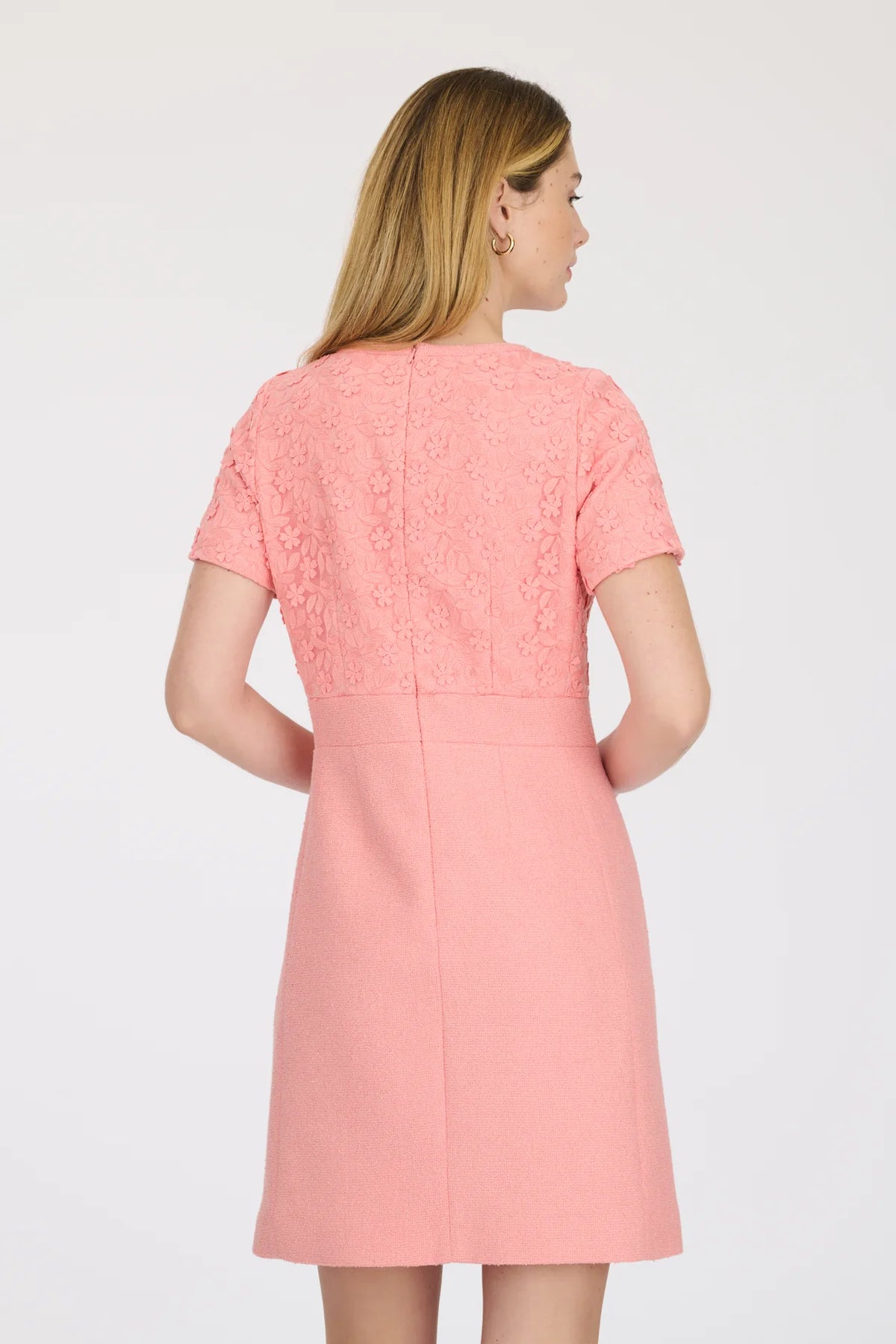 Pink A-Line dress by WEILL featuring embroidered lace top, bouclé structured skirt, and waist bow detail