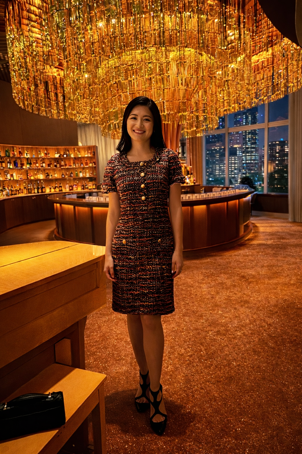 Weill Paris Multicolored Tweed Dress with Gold Button Accents