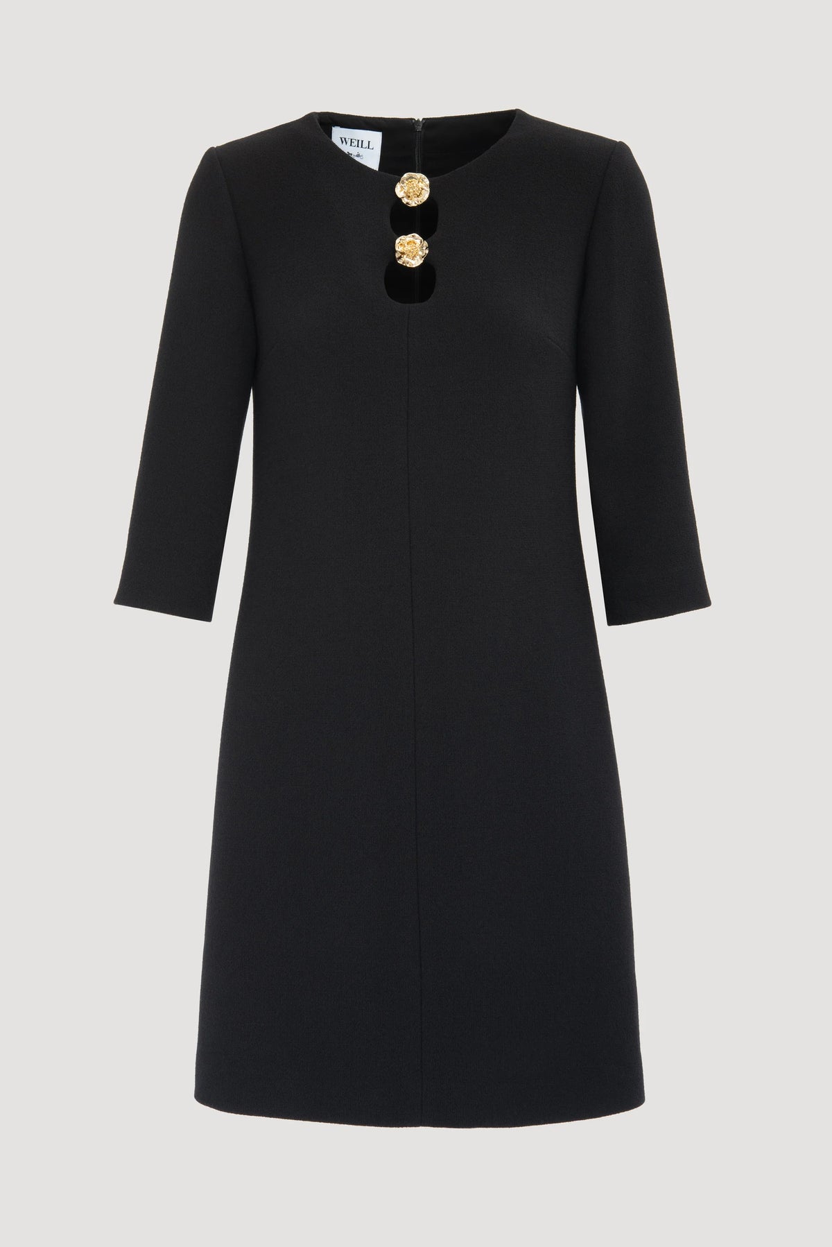 Weill black wool crepe shift dress with gold floral neckline buttons, double keyholes, bust darts and a straight hem.