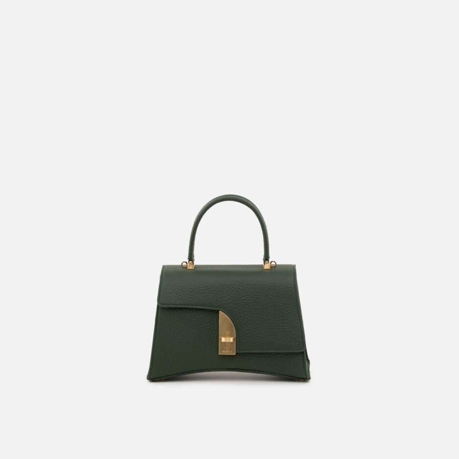 Forest green pebbled calf leather handbag with top handle and gold hardware