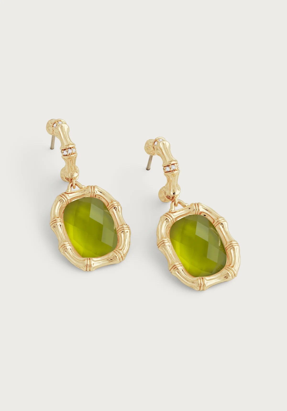 18K gold bamboo drop earrings with faceted stone detailing