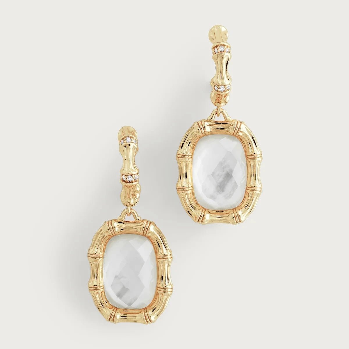 Bamboo with Stone Drop Earrings by Anabel Aram featuring gold‑dipped bamboo frames with mother‑of‑pearl stones and pavé crystal accents.