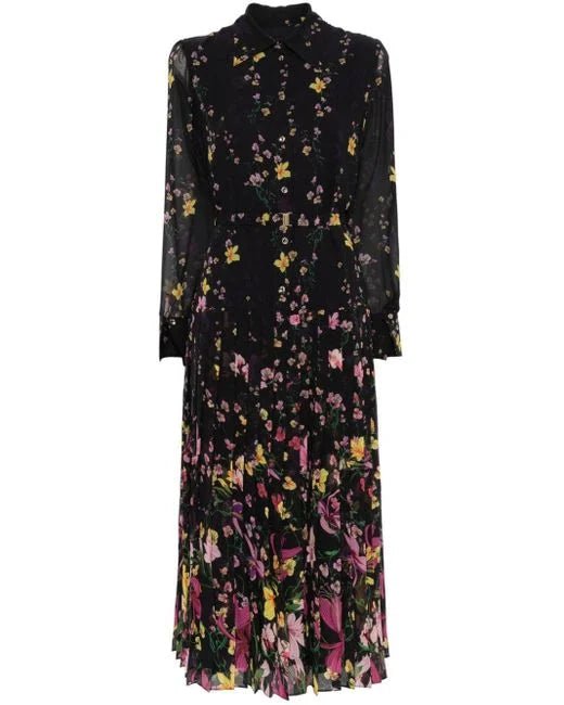 Front view of black floral belted pleated shirt‑collar midi dress with long sheer sleeves