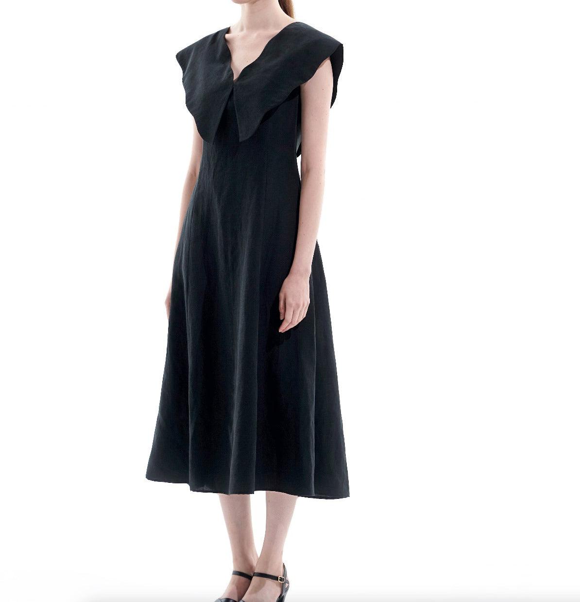 Black linen blend midi dress with architectural collar detail