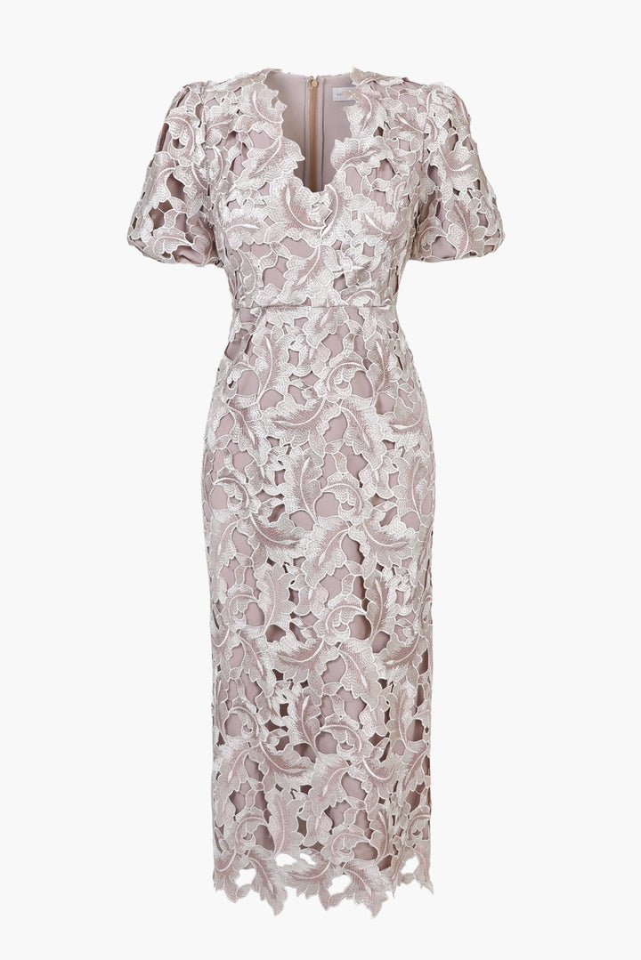 Adelyn Rae Chantelle scalloped lace midi dress in blush beige with puff sleeves and V-neckline