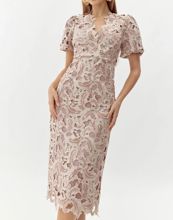 Front view of Chantelle scalloped lace midi dress in blush beige