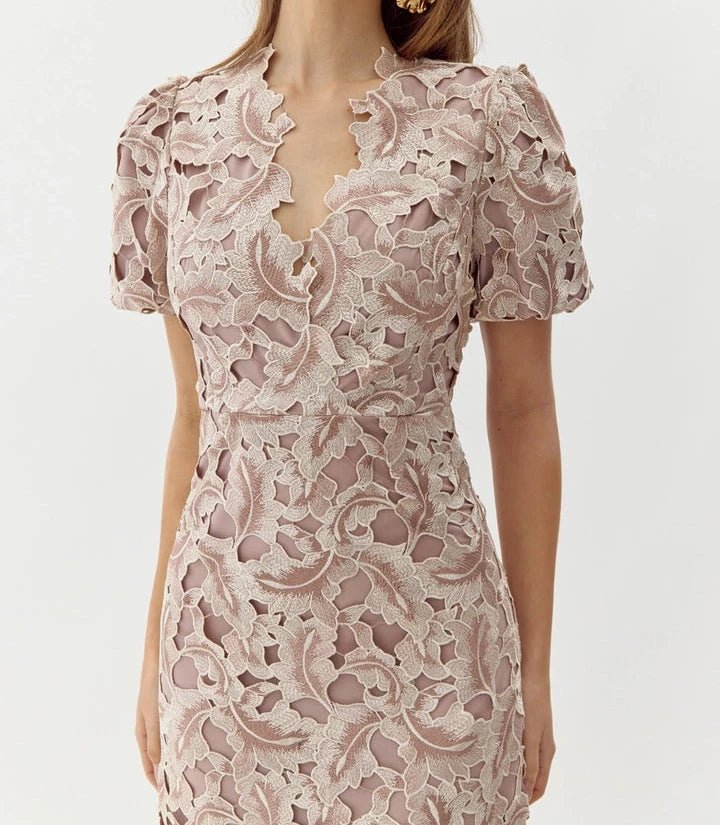 Blush beige floral lace midi dress styled for wedding guest occasions
