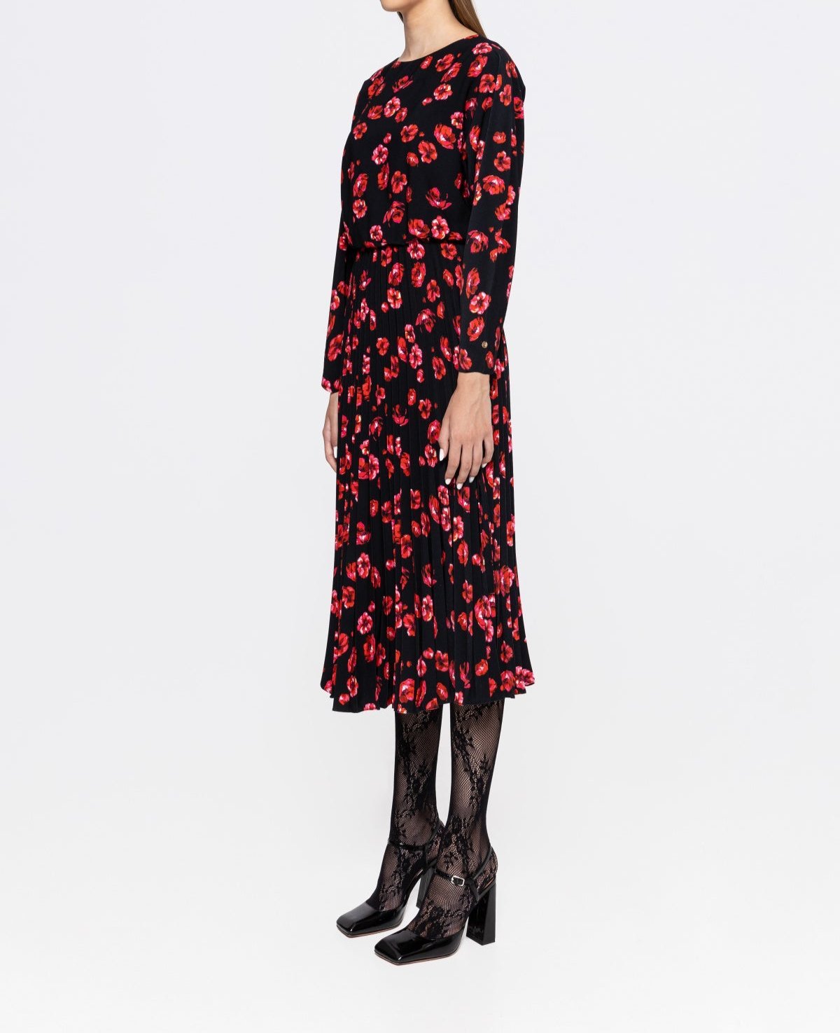 Alternate angle of black red floral pleated midi dress with mid‑calf hem