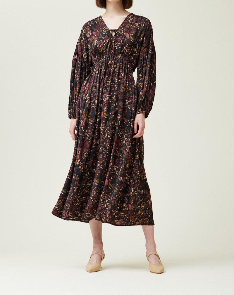 Black floral printed satin midi dress with long sleeves front view