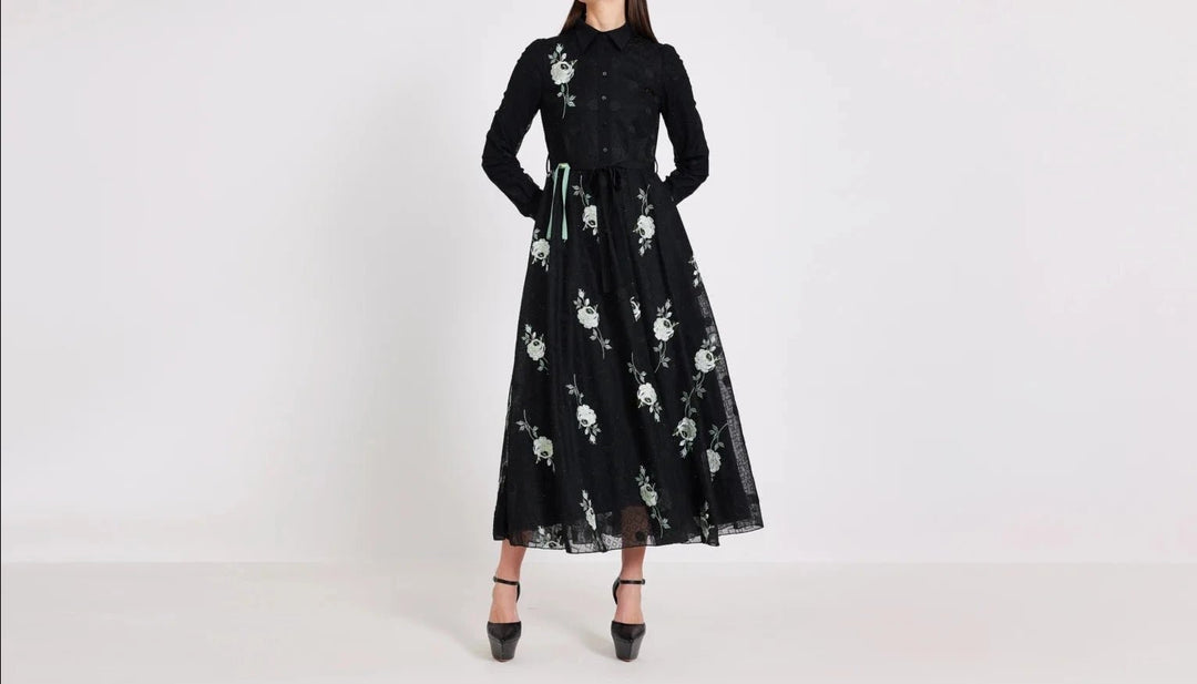 Green Flowers And Circles Embroidery Midi Dress - BTK COLLECTIONS