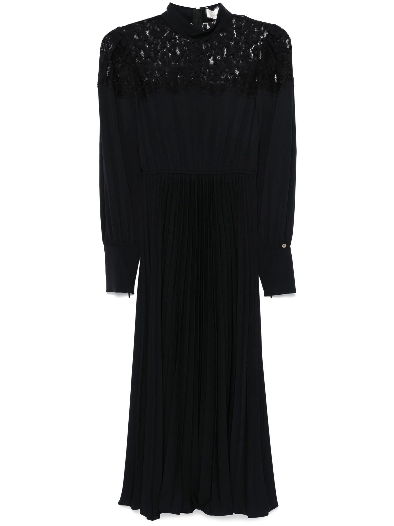 Front flat of black midi dress with high neck, sheer lace yoke, long sleeves and pleated skirt